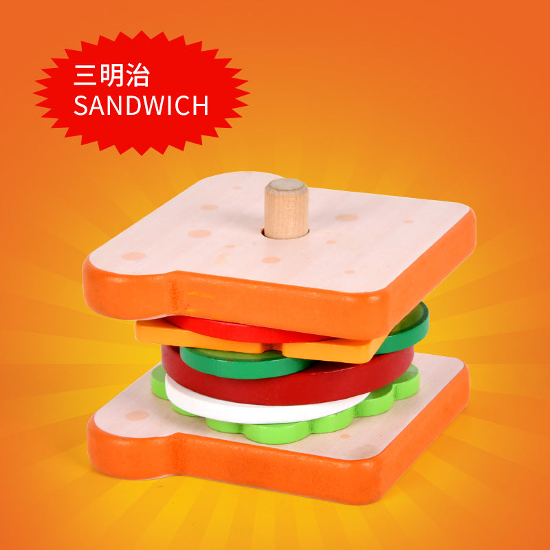 Wholesale Children's Simulated Wooden Home, Hamburger and French Fry Sandwich Set, Pillar Pairing, Puzzle Food, and Assembled Toy